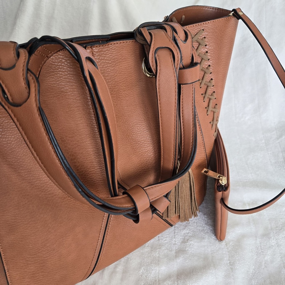 Boho Whipstitch Tassel Tote Camel‎ Pebbled Faux Leather Slouchy Western Chic Bag - Picture 3 of 16